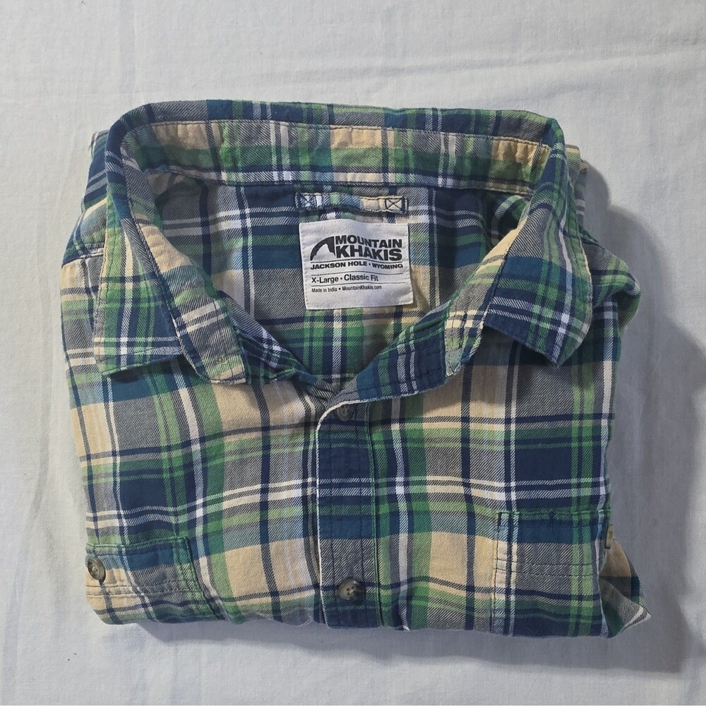 Mountain Khakis Mens XL Long Sleeve Plaid Button-Up Shirt Pockets Blue Green